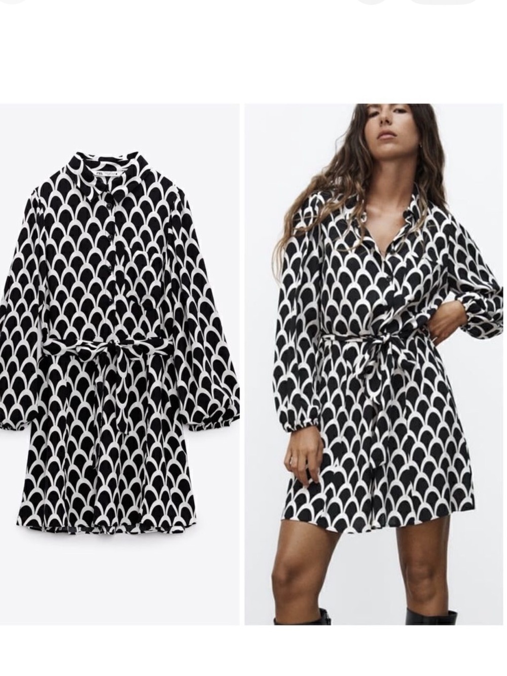 Zara Black and White Geometric Tie-Waist Mini Dress - Picture 3 of 7